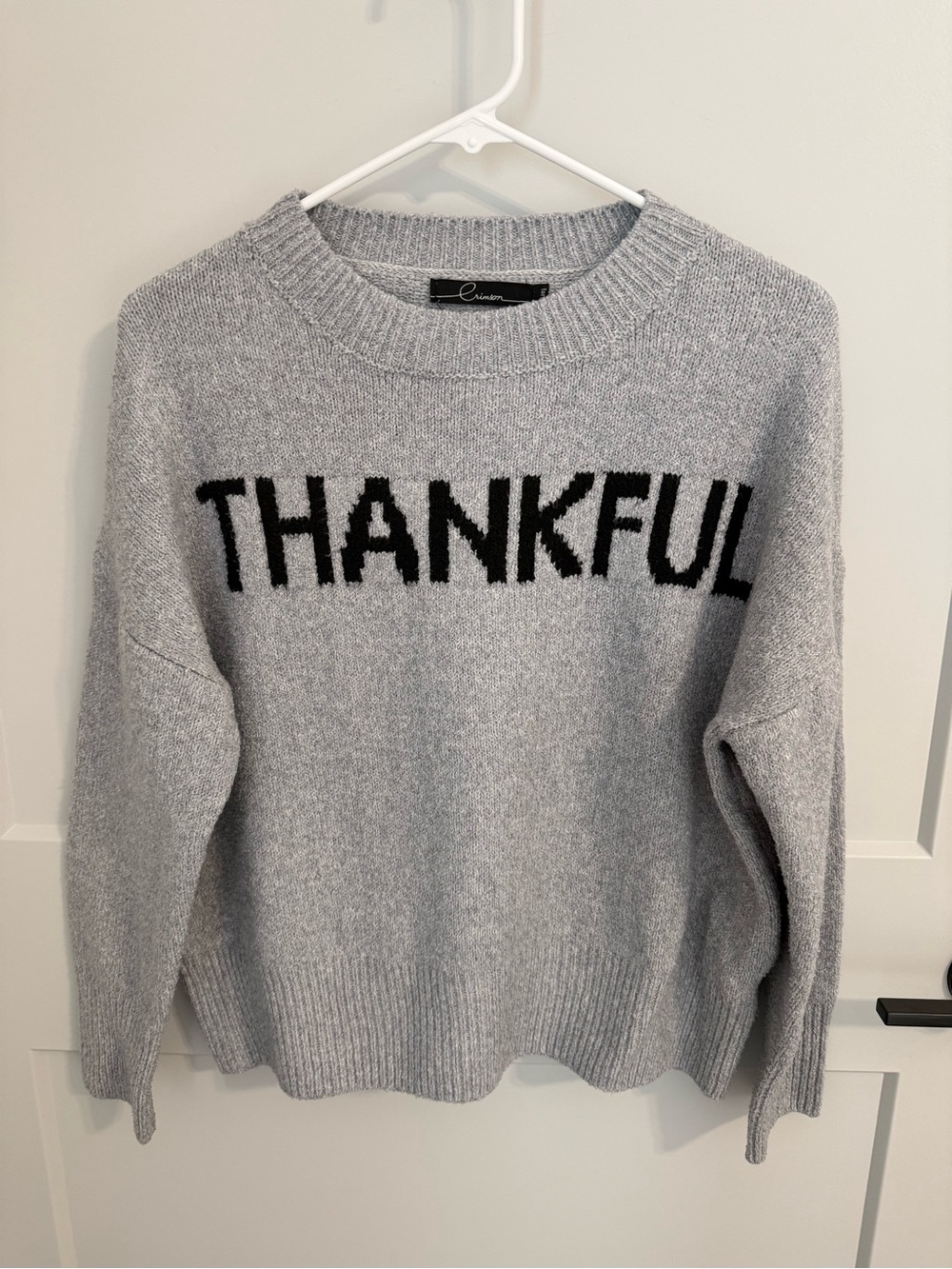 Crimson Women’s L Thankful Gray Knit Sweater Thanksgiving Fall Soft & Cozy
